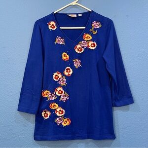 Quacker Factory Blue All Over Embroidered Flower Rhinestone Top Women Size Small
